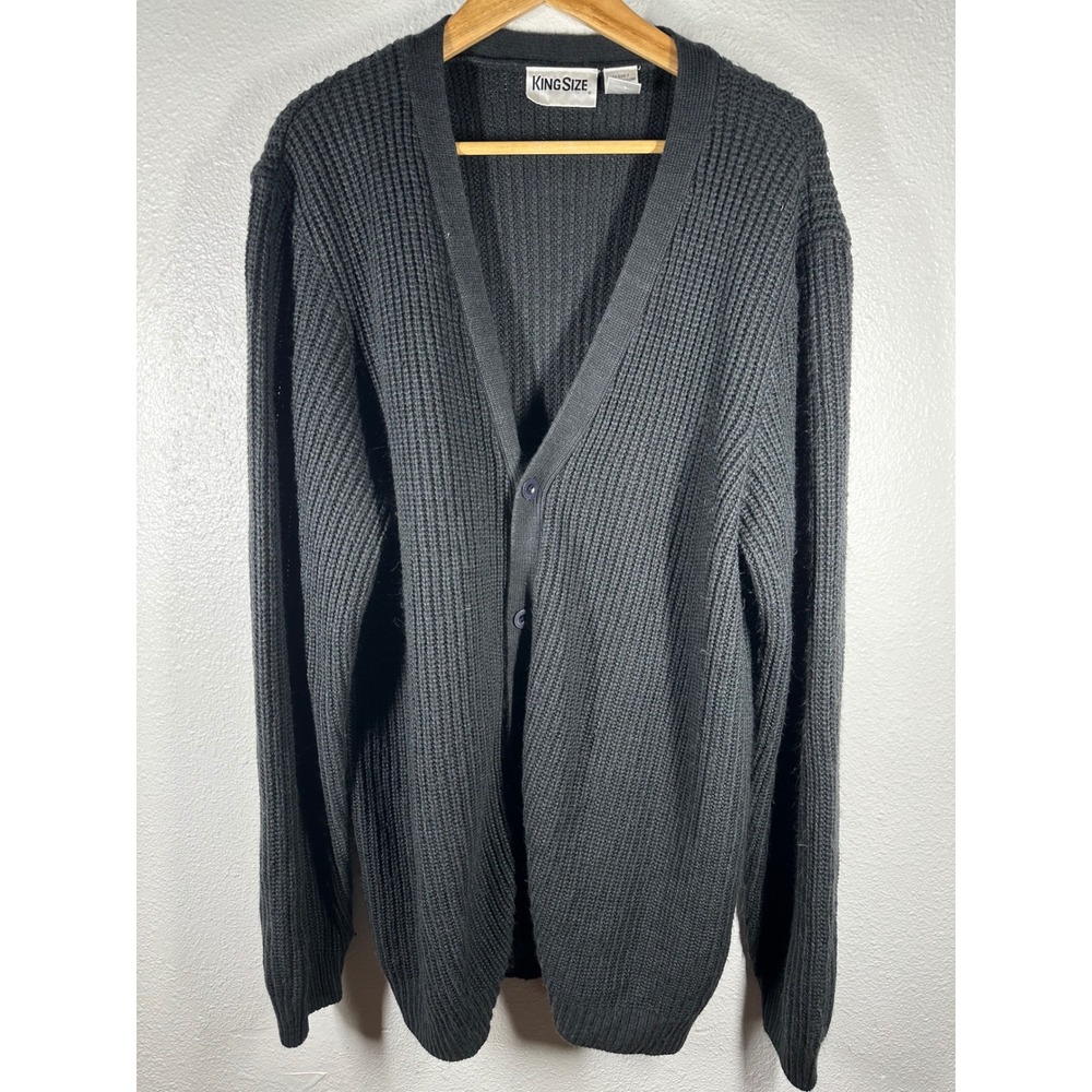 King Size Cardigan Mens XL Tall Black Shaker Stitch Button Front Ribbed Sweater
